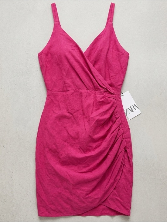 Zara Dresses & Skirts - Zara Fuchsia Pink Ruched Wrap Mini Dress Linen Blend Strappy V Neck NWT Medium